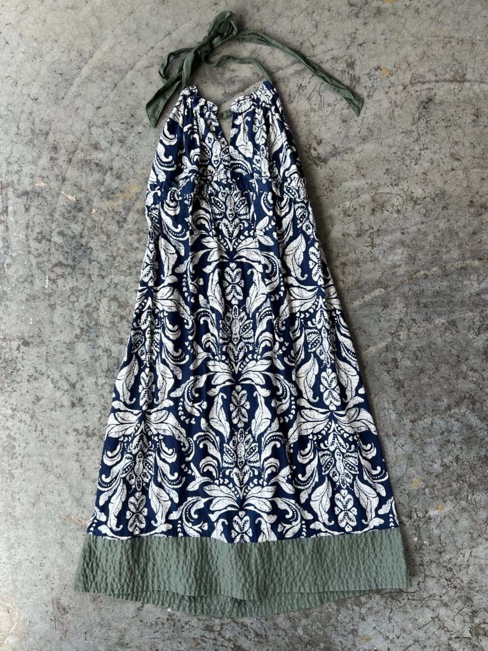 American Eagle Boho Damask Halter Midi Dress Vintage Navy Blue Green Women's 2